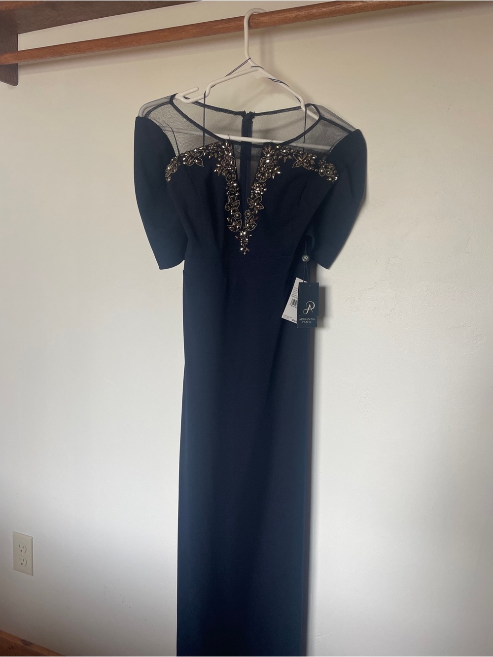 Adrianna Papell Black Maxi Dress with Gold Beaded Illusion Yoke